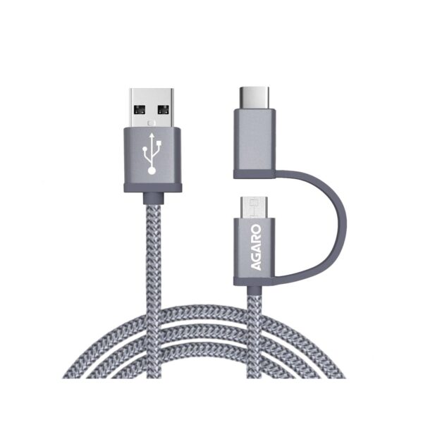 Agaro Blaze USBA to micro +Type C 2in1 Braided 1.2M Cable, Grey