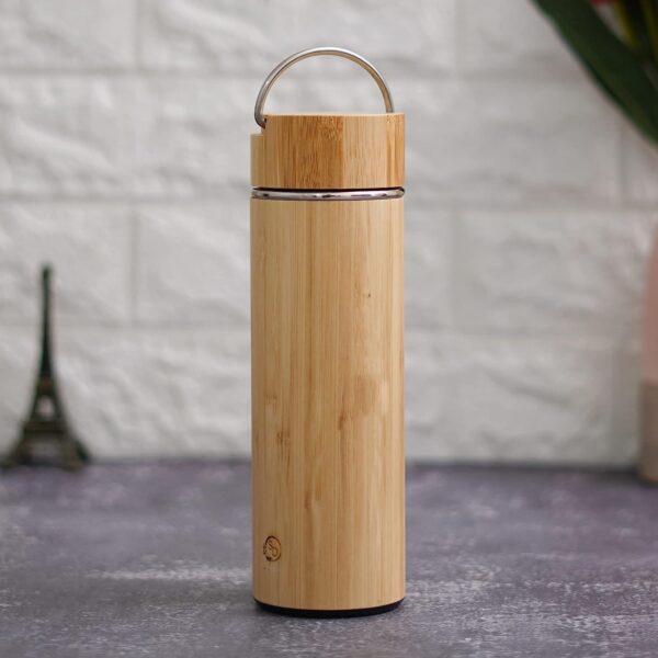Bamboo Stainless Steel Insulated Flask Water Bottle with Carrying Handle