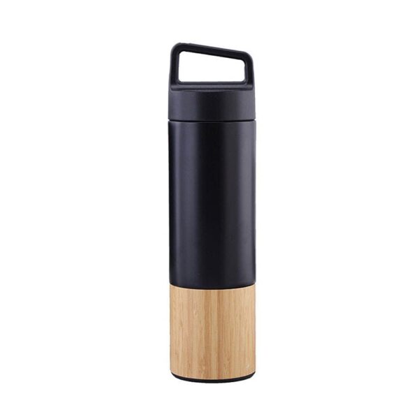 Bamboo Stainless Steel Insulated Flask Bottle with Tea Strainer (Black)