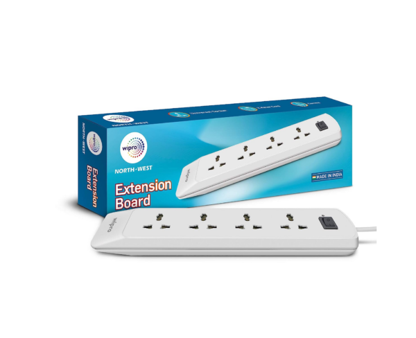 Wipro Extension Board with 4 Universal Sockets – Grey & White