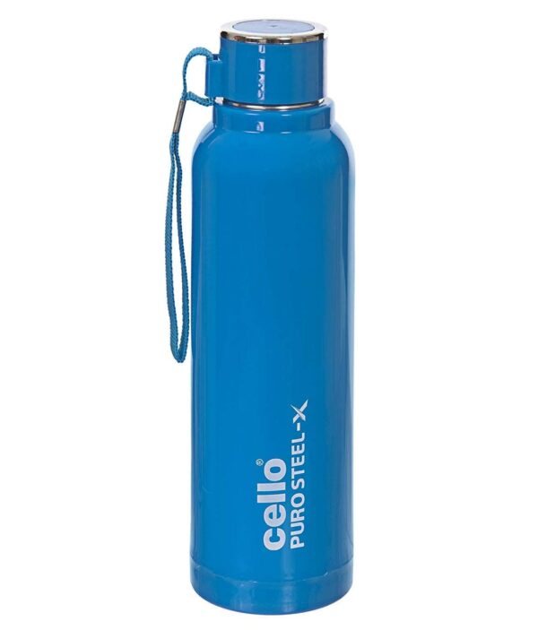 Cello Puro Stainless Steel-X Benz Water Bottle with Inner Steel and Outer Plastic (Blue, 600 ml)
