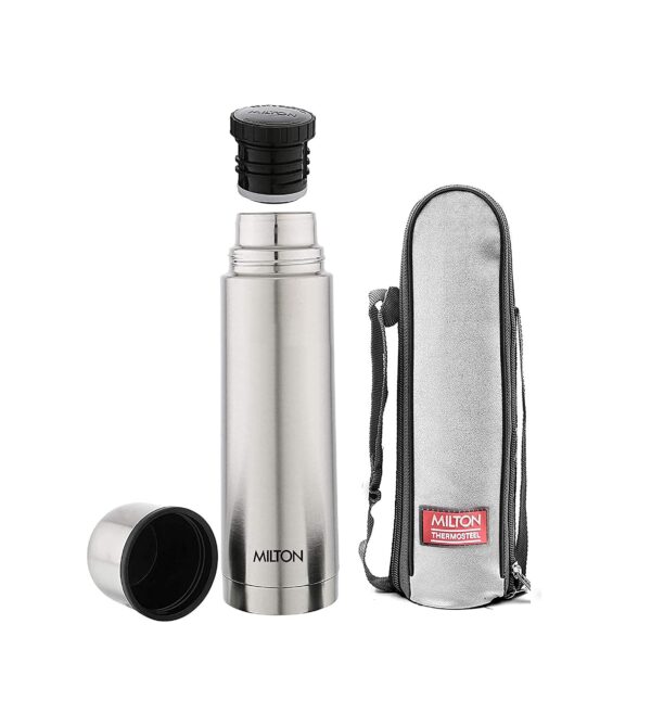 Milton Thermosteel Flask 1000 Plain Lid 24 Hours Hot and Cold Water Bottle, 1000 ml, Silver