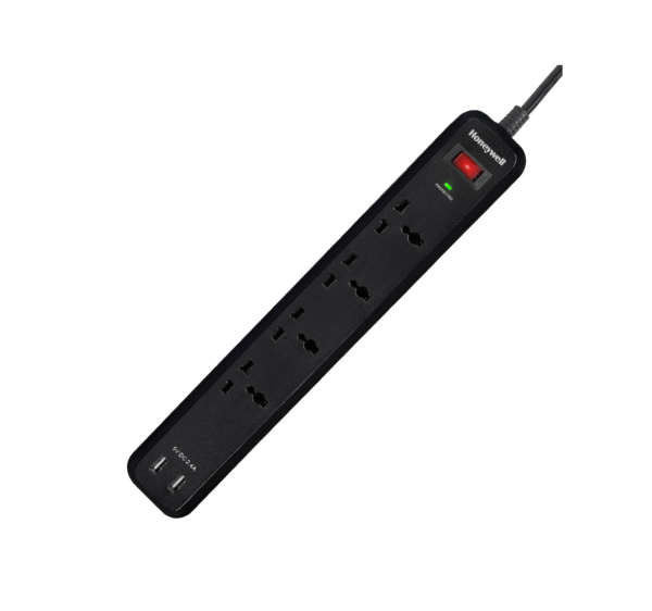 Honeywell Surge Protector, 4 Universal Sockets, 2USB Ports, 2Meter,15000Amp -Black