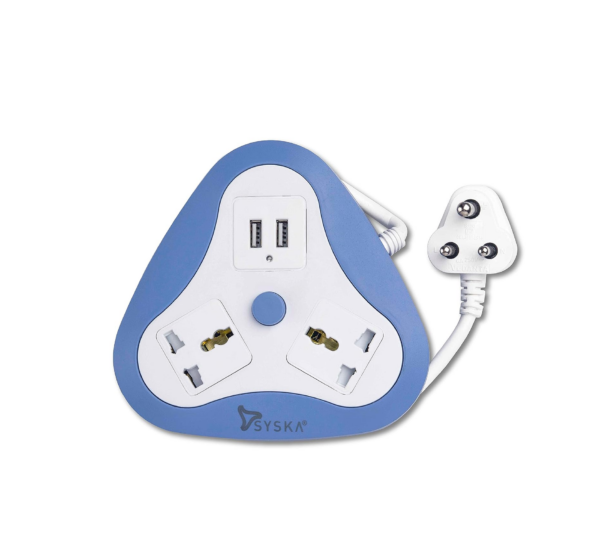 SYSKA EBU-2001 2 Way Power Strip with 2 USB 1.5 Meter Long (White, Blue)