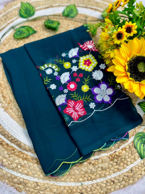 Chiffon Bandhini Sarees with all over Bandhini Print Mirror cut work Border (Rama Green)