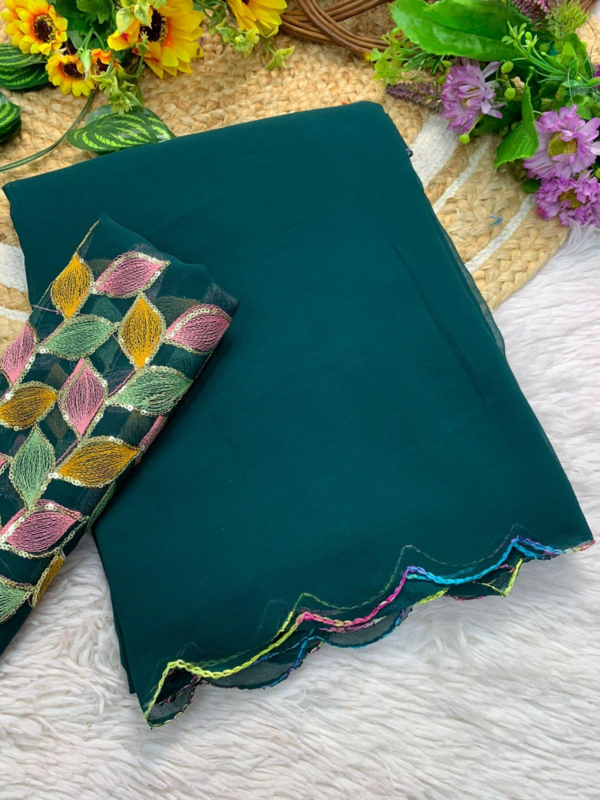 Chiffon Bandhini Sarees with all over Bandhini Print Mirror cut work Border (Rama Green)
