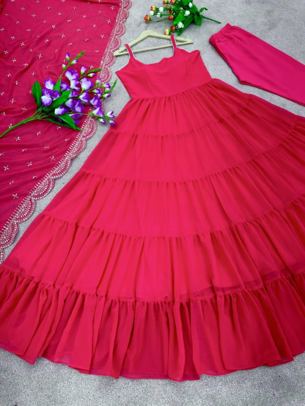 Anarkali Faux Georgette Gown With Fully 10 Meter Ruffle Flair and Full Stitched With Dupatta (Cherry Red)