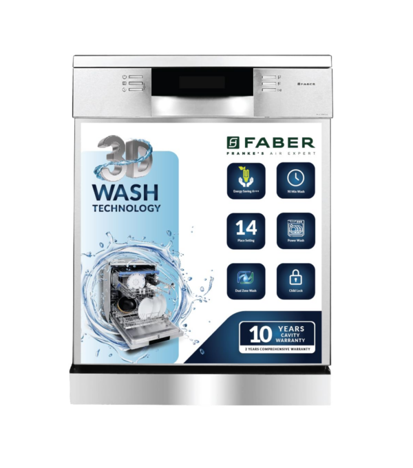 Faber 14 Place Settings Dishwasher ( FFSD 8PR 14S, Silver, Power 3D Wash for Tough Stains, Silent operation)