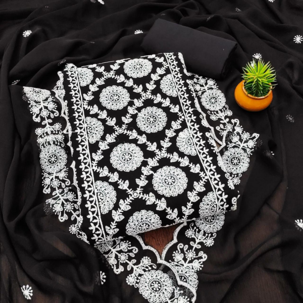 Women’s Georgette Embroidered Unstitched Salwar Suit (Black)