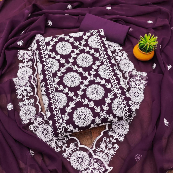 Women’s Georgette Embroidered Unstitched Salwar Suit (Wine)