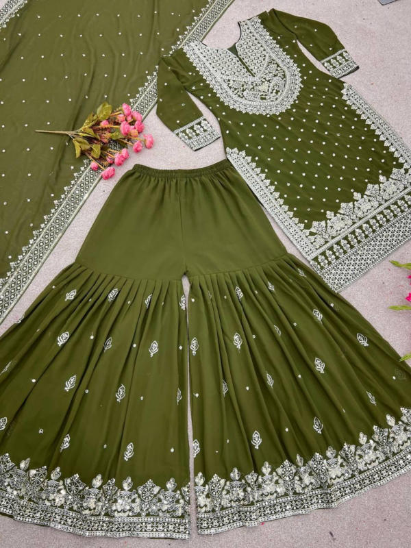 New Heavy Embroidery Sequence Work Top-Gharara And Dupatta Set Fully Stitched (Green)