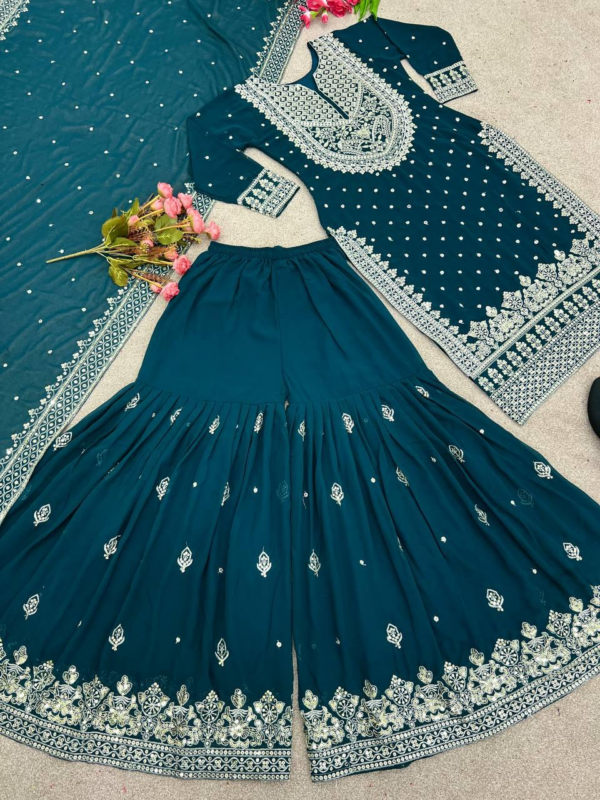 New Heavy Embroidery Sequence Work Top-Gharara And Dupatta Set Fully Stitched (Teal Blue)