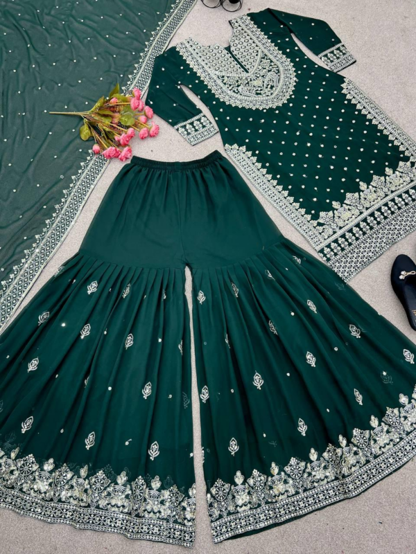 New Heavy Embroidery Sequence Work Top-Gharara And Dupatta Set Fully Stitched (Green)