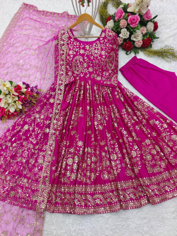 Newly Chinon Silk Gown -Pant Dupatta Set Fully Stitched (Pink) - Image 2