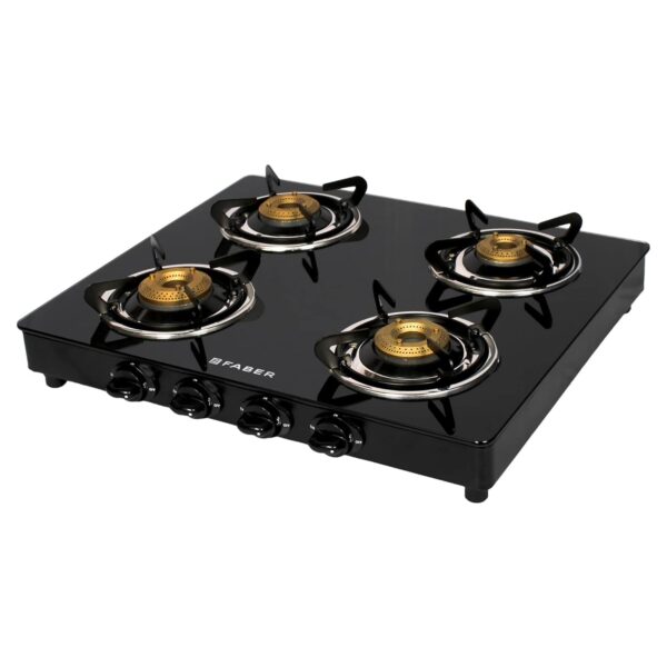 Faber Glass Top 4 Burner Tempered Glass Gas Stove with Powder Coated Pan Support 2 Medium & 2 Small,Manual Ignition, Black