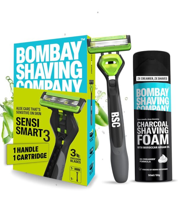 Bombay Shaving Company Sensi Smart 3 Razor and Charcoal Shaving Foam Combo Charcoal Shaving Foam, 50g