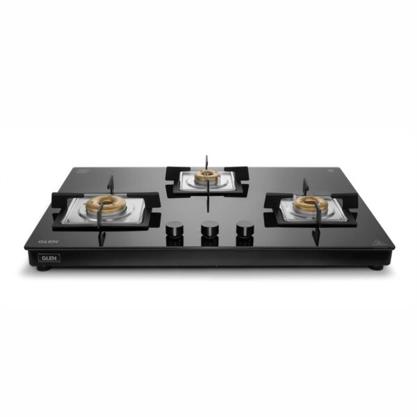 Glen 3 Burner Ultra Slim Free Standing Hob 8 MM Toughened Glass Forged brass burners (Black)