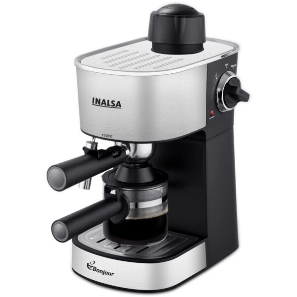 INALSA Espresso/Cappuccino 4Cup Coffee Maker 800W- Bonjour Multipurpose Control Knob,Removable Drip Tray & Borosilicate Glass Carafe