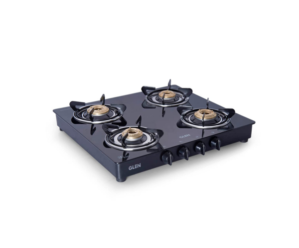 GLEN 1043 GT HF BB Double Drip Tray 4 Burner Manual Glass Gas Stove (Black)