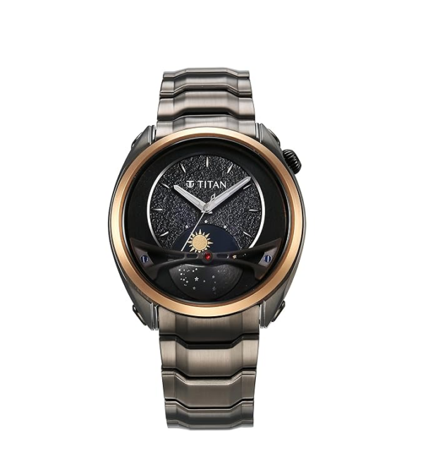 Titan Regalia Stellar Quartz Multifunction Black Dial Stainless Steel Strap Watch for Men-NS10010KM01