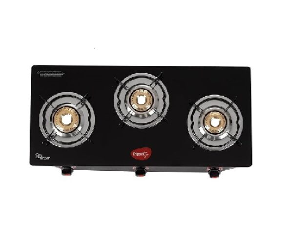 Pigeon by Stovekraft Aster 3 Burner Gas Stove with High Powered Brass Burner Gas Cooktop, Cooktop with Glass Top and Powder Coated Body, Black,