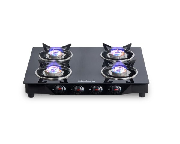 Roll over image to zoom in   3 VIDEOS     2+ Lifelong Glass Top Gas Stove, 4 Burner Gas Stove, Black (ISI Certified,1 year warranty with Doorstep Service)