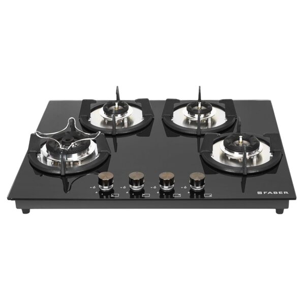 Faber Hob 4 Burner | Auto-Ignition | Spillage Proof | HOB SUPERIA HT654 BR AI | Concealed Chamber | Metal Knobs | Pan Support | Black Glass Finish