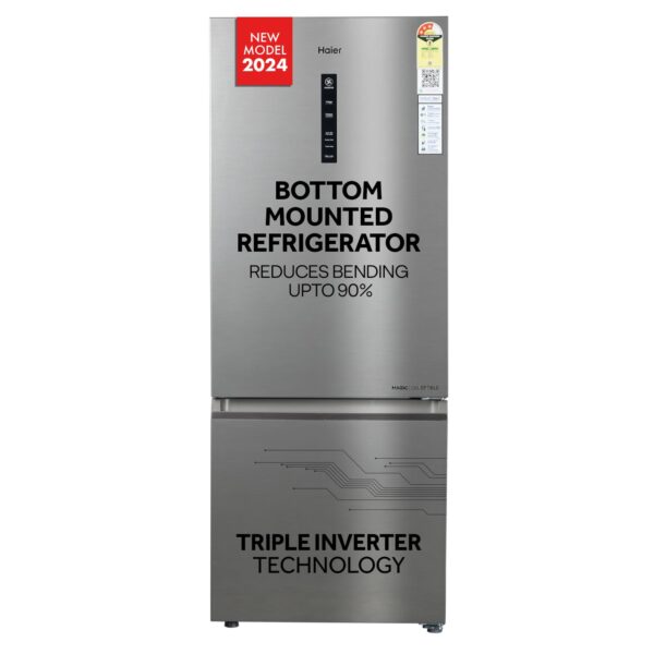 Haier 325 L, 3 Star, Convertible 14-in-1 Triple Inverter & Fan Motor Technology, with Display Frost Free Double Door Bottom Mount Refrigerator (HEB-333DS-P, Dazzle Steel, 2024 Model)