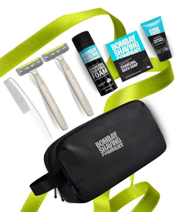 Bombay Shaving Company 7in1 Shaving Kit for Men | Grooming Kit for Men | Charcoal Shaving Foam, Charcoal Soap, Razor for Men, Charcoal Face Wash, Hair Comb with Travel Pouch