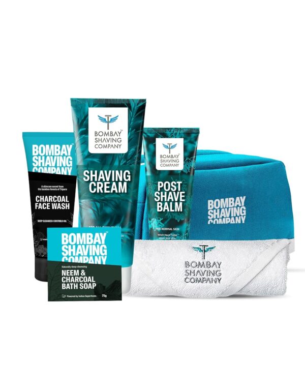 Bombay Shaving Company Premium Shaving Kit For Men | Charcoal Face Scrub, Charcoal Shaving Cream, Post Shave Balm, Neem & Charcoal Bath Soap, Face Towel
