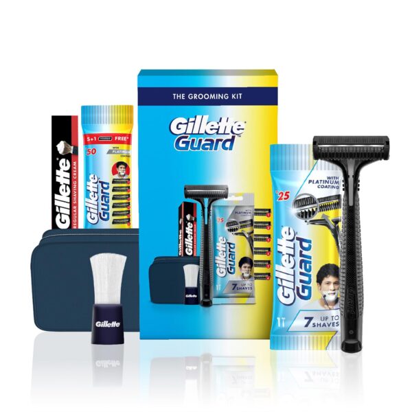 Gillette Guard 5 in 1 Shaving Kit with a Travel Pouch, 1 Razor, 6 blades, 1 Shaving Cream, 1 Shaving brush | Combo Grooming Kit | Gift Set for Men