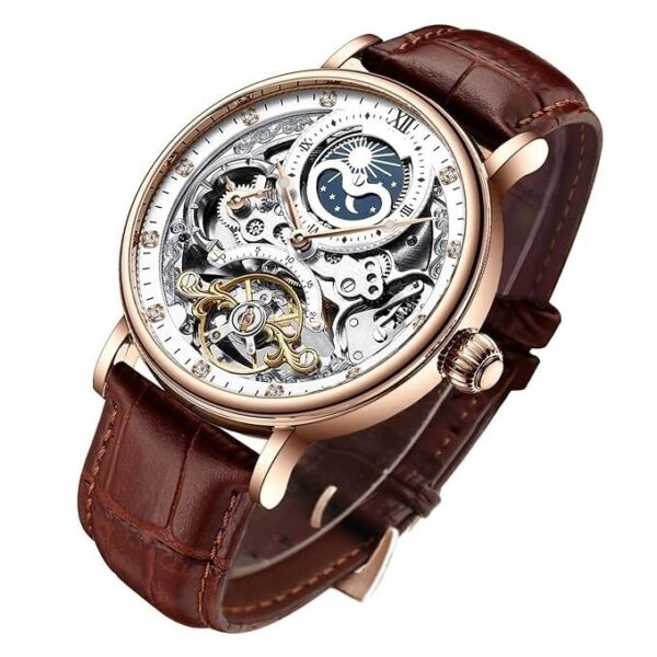 Bequest Men's Luxury Skeleton Automatic Mechanical Leather Moon Phrase Luminous Hands Self-Wind Wrist Watch (Brown)