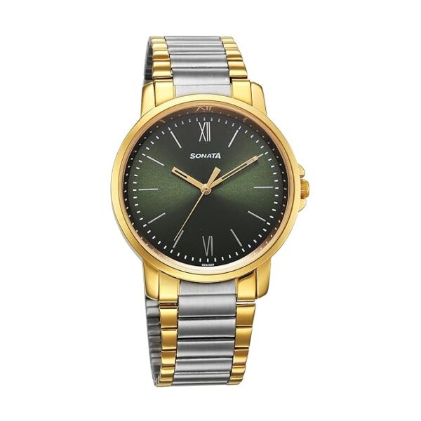 Sonata Traditional Essentials Quartz Analog Green Dial Stainless Steel Strap Watch for Men-77083BM01