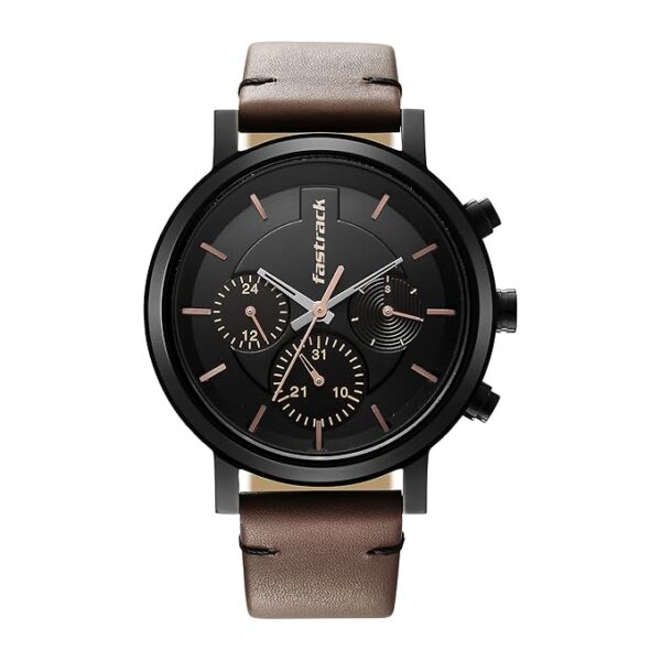 Fastrack Tick Tock Black Dial Analog Mens Leather Watch for Guys-3287NL01