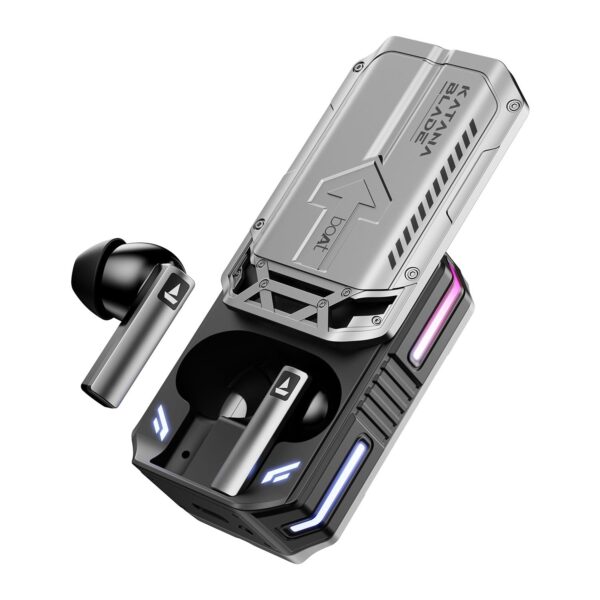 boAt Immortal Katana Blade 2.0 TWS Earbuds w/ 70 hrs Playback, IWP w/Metal Glider & Gliding Blade Sound, 50 ms Low Latency Beast Mode RGB LEDs, 4 Mics w/ENx & IPX4 Rating(Gray)