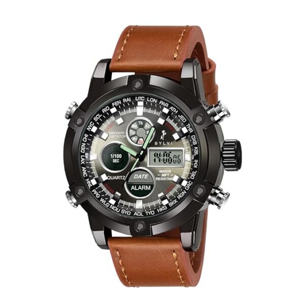 Sylvi Analogue-Digital Luxury Black Dial Leather Strap Multi-Functional Casual Business Calendar Wrist Watch for Men and Boys, Pack of 1 - SY3022