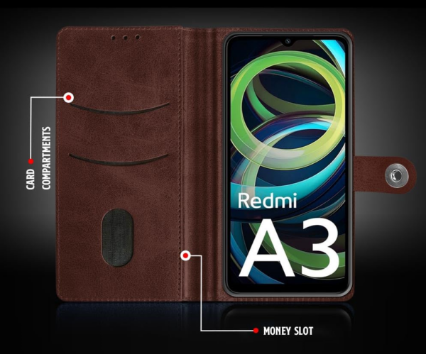 WOW IMAGINE Shock Proof Flip Cover Back Case for Mi Redmi A3 | Redmi A3X | Poco C61 (Magnetic Button Flip Case |Coffee) - Image 2