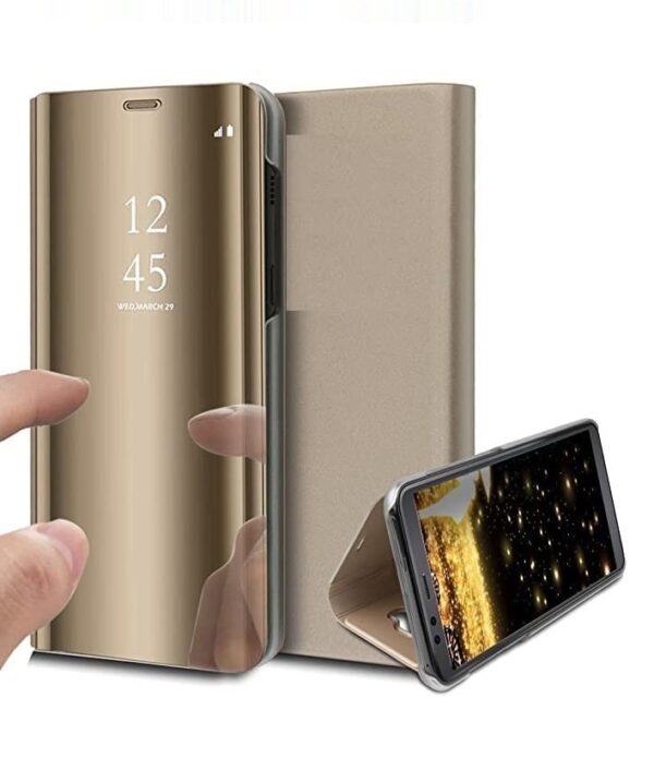 Helix Leather Case For Samsung Galaxy A15 5G 6.5", Clear View Protective Mirror Flip Cover-Gold - Image 2